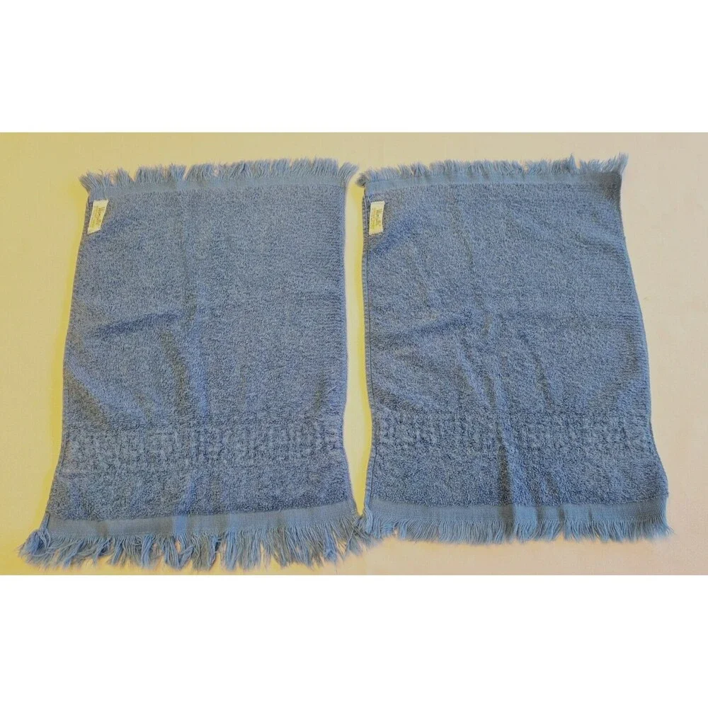 2 Vintage Wamsutta Heritage EMBROIDERED Finger Tip Hand Towel Cotton Blue White